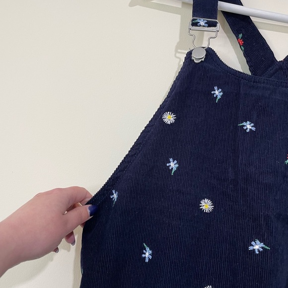 TU Navy Cord Pinafore Dress Embroidered Flowers Size 10 - Picture 3 of 8